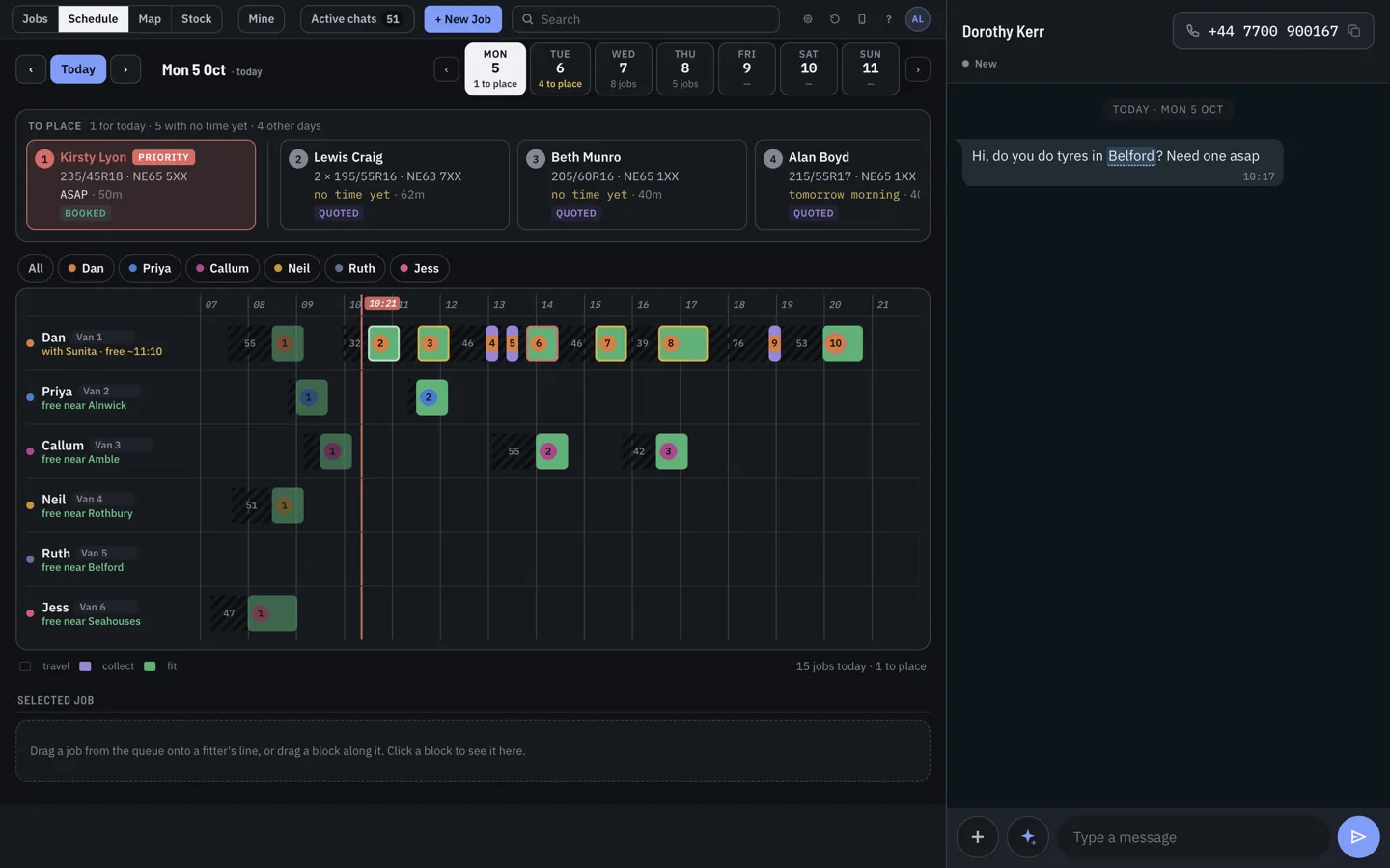 TyreStack’s desk with sample data: the day’s schedule for six fitters and their vans on a timeline, jobs waiting to be placed along the top, and a customer’s WhatsApp conversation on the right.