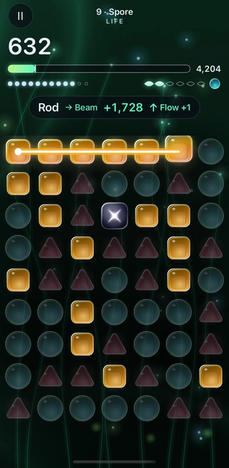 Nascent on a phone: level 9, Spore, in the Life age. A row of six gold glyphs is traced, and the line above the board reads Rod, becomes a Beam, plus 1,728, Flow plus 1.