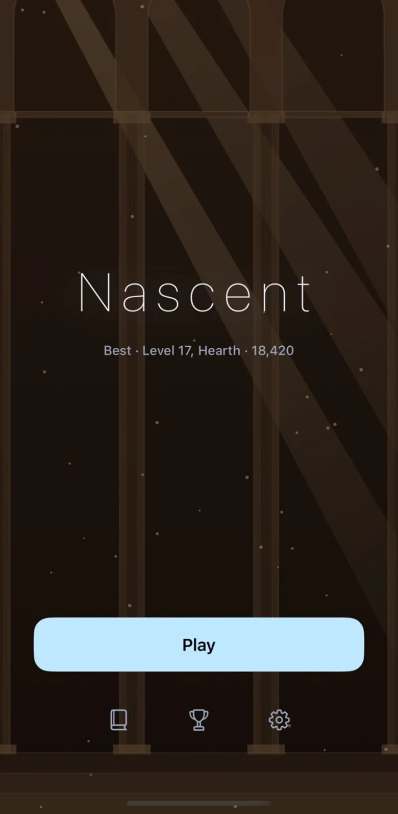 Nascent’s title screen: the word Nascent in light letters over a dark hall of arches, with a Play button and buttons for the Codex, leaderboards and settings.