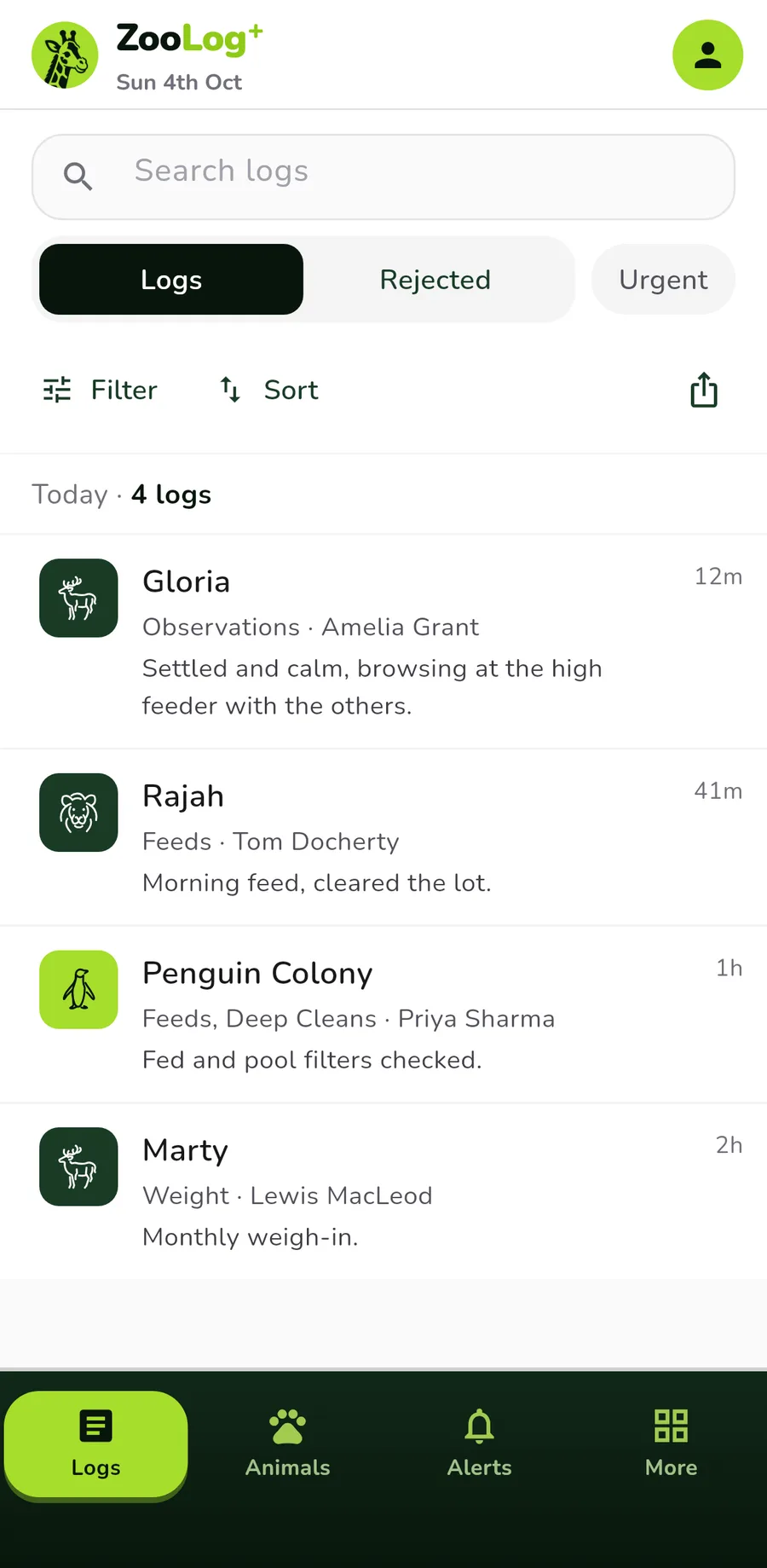 The ZooLog+ keeper app, sample data: Sun 4th Oct, today 4 logs, each with the keeper’s note and how long ago, and the bottom navigation: Logs, Animals, Alerts, More.