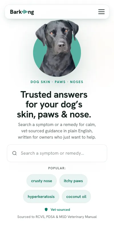 Barking’s website on a phone: Trusted answers for your dog’s skin, paws & nose, with a symptom search box.