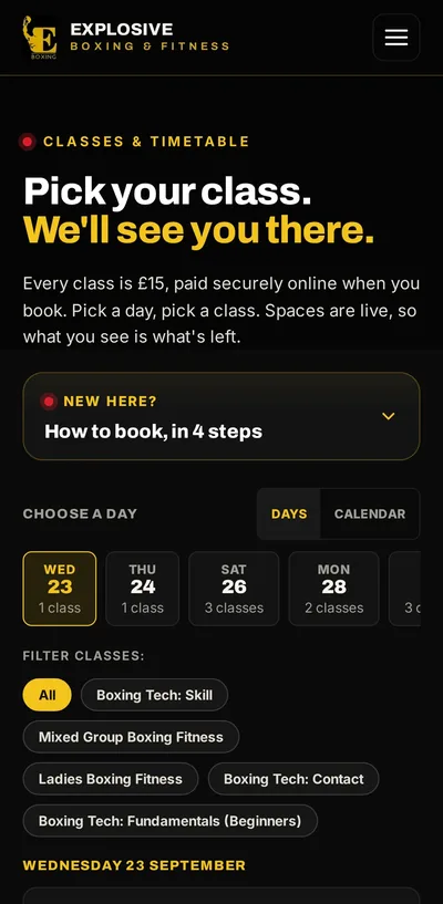 Class booking on the gym’s website on a phone: Pick your class, every class £15, with a choice of day and class filters.