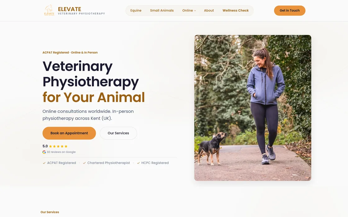 Elevate Vet Physio website on a desktop: Veterinary Physiotherapy for Your Animal, with a Book an Appointment button.