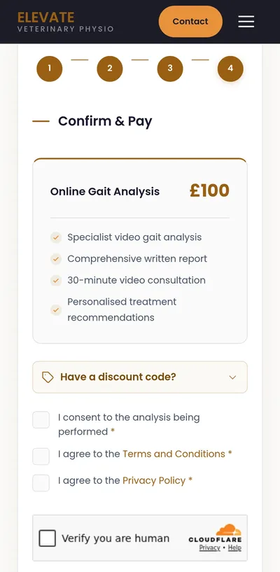 Booking a gait analysis on the practice’s website on a phone, sample details: the final Confirm & Pay step for an Online Gait Analysis at £100.