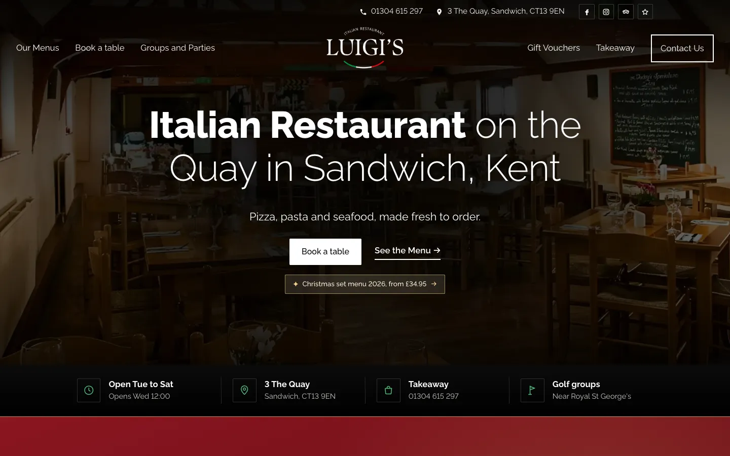 Luigi’s Italian restaurant website on a desktop: Italian Restaurant on the Quay in Sandwich, Kent, with Book a table and See the Menu buttons.