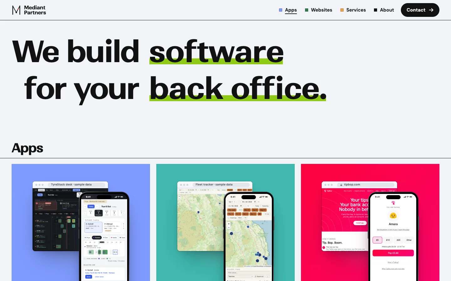 mediantpartners.co.uk on a desktop: the headline We build software for your back office., with the Apps section starting with TyreStack, Fleet tracker and TipBop.