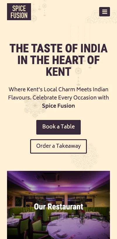 Spice Fusion’s website on a phone: The taste of India in the heart of Kent, with Book a Table and Order a Takeaway buttons.