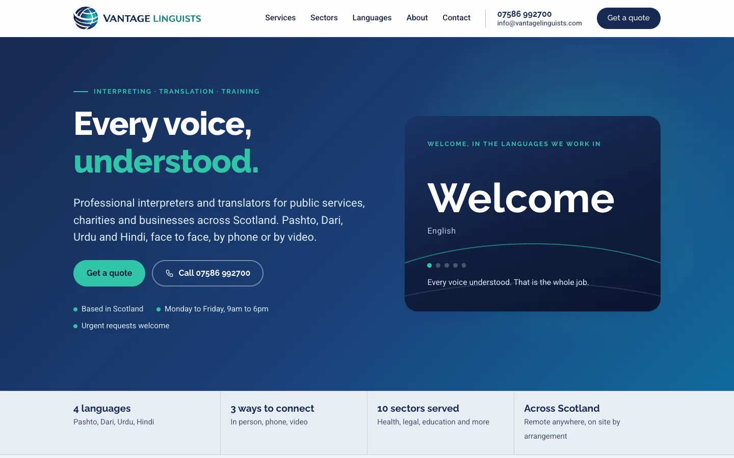 Vantage Linguists’ website on a desktop: Every voice, understood., interpreters and translators across Scotland, with Get a quote and Call buttons.