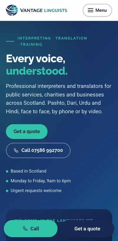 Vantage Linguists’ website on a phone: Every voice, understood., with Call and Get a quote buttons in the bottom bar.