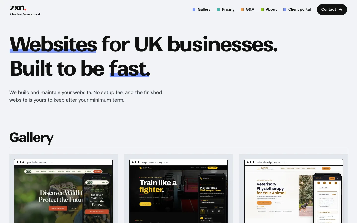 zxn.uk on a desktop: the headline Websites for UK businesses. Built to be fast., with the start of the gallery of client sites.